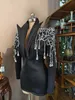 Sexig långärmad svart djup V Tassel Sequin Crystal Sacka Jacka scen Performance Dance Costumes Women Party Club Blazer Coats
