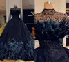 Bohemian Black Ienasdresses Ball Gown Wedding Dresses Long Sleeve High Neck Satin Princess Klänning Tulle spetsfjäderkristall Bridal 7010954