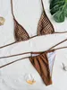 Sexy brown 3-piece bikini set womens suspender hollow mesh skiing swimsuit 2024 summer swimsuit tie triangle swimsuit 240319