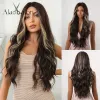 Wigs ALAN EATON Long Curly Synthetic Wigs for Black Women Dark Brown Wig Ntural Middle Parting Wavy Daily Cosplay Hair Heat Resistant