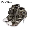 Boots Fashion Camouflage Women Denim Pumps Lace Up Studded High Heels Ladies Espadrilles Shoes Rivets White Canvas Valentines Stiletto