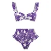 Maillots de bain pour femmes Style Resort Bohême Manches à volants Soutien-gorge bandeau Taille haute Ensemble de bain Imprimé floral Bikini Femmes Été 2pcs