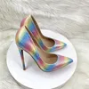 Dress Shoes Sexy Glossy Colorful Rainbow Gradient Pointed Toe 12cm 10cm 8cm 6cm High Thin Heel Brand Shallow Women Pump RM036 ROVICIYA