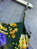 2024 Primavera Verde Floral Estampado Vestido Sem Mangas Pescoço Quadrado Midi Vestidos Casuais F4M181650