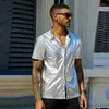 Camisas casuais masculinas High Street 2024 Sparkle Nightclub Homens Roupas Verão Lapela Manga Curta Cardigan Tops Moda Sexy Tees