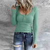 Dames T-shirt Dames U-hals Effen Henley T-shirts met lange mouwen Button-down Slim Fit Tops Ronde hals Geribbelde gebreide shirts Skinny High Street ChicC24319