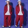 Palco desgaste 2024 moderno hip hop dança trajes para meninas de manga comprida hiphop vermelho terno meninos streetwear jazz desempenho dqs13964