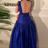 Robes de soirée en satin A-ligne robe de bal avec paillettes col carré sans manches élégantes femmes dos nu fermeture éclair -longueur robe bleu royal