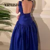 Vestidos de fiesta Vestido de fiesta de una línea de satén con lentejuelas Cuello cuadrado Sin mangas Cremallera trasera sin espalda elegante para mujer -Longitud Vestido azul real