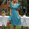 Vestidos casuais com decote em v manga curta cintura elástica apertada bainha fluida mulheres vestido verão doce floral impressão midi