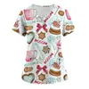 T-shirts pour femmes T-shirts à motif de dessin animé mignon Uniforme Femmes Dessert Print Scrubs Travail Blouse à manches courtes Tops d'allaitement