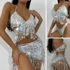 Kvinnors badkläder Sexig V-ringning Bikini Swimsuit Sparkling Tassel Set med höga midjor Briefs paljetter Wrap kjol 3 Piece For Beach