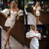 Removable Puff Short Sleeves Boho Sheath Wedding Dresses Sexy Sweetheart Ruched Satin Mini Bridal Beach Gowns White Elegant Reception Dance Dress For Bride YD