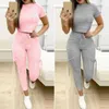 Kvinnors tvådelade byxor 2 st/set klassisk avslappnad outfit elastisk midjeband Kvinnor Pure Color Crop Top DrawString Sweatpants Set Activewear