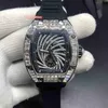 Hip Hop Heren Trend Horloge Diamanten Kast Horloge Grote Diamanten Bezel Horloges Zwart Rubberen Band Horloge Automatisch Mechanisch W213x