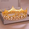 Tiaras Vintage Gold Royal Crown Round Tiara Bride Head Jewelry Pearl Crystal Hair Accessories Wedding Crown Ornaments Headband Diadem Y240319