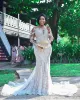 Luksusowe koronkowe koralikowe afrykańskie syrenę sheer szyi brydal sukienki długie rękawy vintage seksowne sukienki ślubne