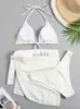 Skirts Skorts 2023 New 3 Pieces Set Swimsuit Women Thong Swimwear Sexy Micro Bikini Set With Sarong Skirt White Beachwear Bathing Suit Pink 240319