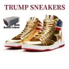 2024 Gold Custom T Trumps spor ayakkabılar yüksek üst basketbol ayakkabıları kadın erkekler asla ulusal liderleri teslim etmiyor sıradan tasarımcılar altın kırmızı kadın erkekler spor ayakkabı kutusu