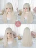 Synthetic Wigs 26Inch Blonde Platinum Golden Synthetic Wigs With Bang Long Natural Straight Hair Wig for Women Hime Cut Cosplay Heat Resistant 240329