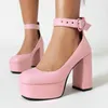 Dress Shoes Sweet Pink White Round Toe Platform For Women Spring Summer Pumps Ankle Heart Buckle Block High Heels Mary Janes Stiletto