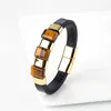 Bangle New Vintage Rectangle Style Jewelry 100% Natural Tiger Eye 4 Round Stainless Steel Leather Link Charm Fashion Men Bracelet 240319