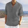 Men's Casual Shirts Half Button Men Shirt Stand Collar Stylish Striped With Cufflink Detail Soft For Spring