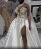 Plus Size Arabic Aso Ebi Crystals High Split Wedding Gowns One Shoulder Sexy Satin Bridal Gowns