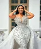 Luxury Mermaid Wedding Dress Diamond Pärled spets långärmad avtagbar tåg brudklänning vestidos de novia arabiska aso ebi