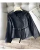 Women's Jackets 2024SS Spring Fashion Women V Neck Black Real Leather Coat Outerwear With Belts For Female Jacket