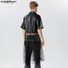 Chemises décontractées pour hommes Hauts à la mode INCERUN Fête de revers Faux Cuir Patchwork Maille transparente Chemisier à manches courtes S-5XL