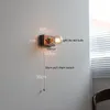 Lampa ścienna Iwhd Square popijane drewno drewniane kinkietowe przełącznik łańcucha łańcucha w sypialni salon Miror Stair Light Wandlamp Applice