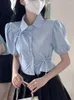 Damenblusen Sommerbluse Frauen Blau Crop Top Koreanische Mode Kurzarmhemden Damen Hollow Out Tops Weiblich Süße Schlanke Blusas Para