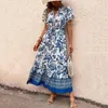 Casual jurken Maxi-jurk met strakke taille Bedrukte bloemenprint in etnische stijl met vetersluiting V-hals Zomervakantie voor dames