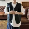 Topy z czołgami męskimi 2023 Koreański styl nowy męski design w stylu dekoltowy kamizelki skórzane pu swobodne streetwearne stałe cała mecz luźna kamizelka s-5xl L240319