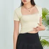 Women's T Shirts Women Short Sleeve T-Shirts 2024 Summer Contrast Lace Square Neck Cropped Casual Fashion Slim Fit Bandeau Tops