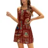 Casual Dresses Egyptian Hieroglyphs And Deities On Red Square Neck Dress Sweet Summer Women Elegant Halter Print Egypt