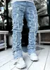 High Street Witte Heren Gestapelde Jeans Uitgerekt Patchwork Kwastje Beschadigd Denim Volledige Lengte Broek Hip-Pop Broek Voor Mannelijke 240311