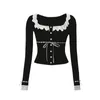 Women's T Shirts Women S Sweet Lace Crop Tops Long Sleeve Patchwork U-Neck Front Button Cute Streetwear