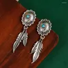 Dangle Earrings Retro Ethnic Handmade Carving Women's Inlaid Turquoise Hanging Long Double Feather Jewelry For Women Wholesale