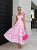 Shoulder Pads Print Hollow Out Maxi Dress Bohe Square Neck Flying Sleeve Backless Dresses 2024 Lady Chic Beach Holiday Robes 240314