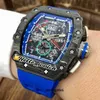 Luxury mens Mechanics Watch Richa Wristwatches Flyback Big Date Top Black Carbon Fiber Rm11-04 Miyota Autoamtic Mechanical Skeleton Dial Men