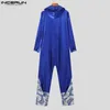 Men's Pants INCERUN Men Jumpsuits Print Velour Patchwork Zipper Hooded Loose Casual Rompers Streetwear V Neck Long Sleeve Overalls S-5XL