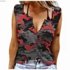 T-shirt Femme Camouflage Femmes Tops Col V Imprimé Débardeurs Pour L'été Épaule Ouverte Hauts À La Mode Femmes Sans Manches Casual Femmes T-shirtC24319