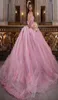 2022 A Line Wedding Dresses Pink Off the Shoulder Ball Gown Floral Appliciques Lace Laceup Back Corset For Sweet 15 Girls Bridal Go3557906