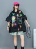 Women's Blouses Fashion Design Sequins Flower Black White Fushcia Long Shirt Embroidery Cartoon Doll Blouse Half Sleeve Loose Oversize Top