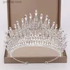 Tiaras trendiga silverfärg Roteston Crystal Queen Big Crown Bridal Wedding Tiara Women Beauty Pageant Bridal Hair Accessories smycken Y240319