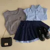 Clothing Sets Girls' Set 2024 Spring And Autumn Knitted Vest Stripe Shirt Pleated Skirt Three Piece Baby Girl Clothes