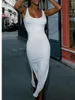 Casual Dresses Fashion Womens Summer Bodycon Tank Dress Solid Color Sleeveless U-Neck Back Cutout High Slit Long Street Style