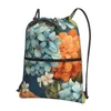 Sac à dos fleurs bleues et oranges, sac à cordon Portable, sacs de rangement de poche décontractés pour voyage Sport homme femme